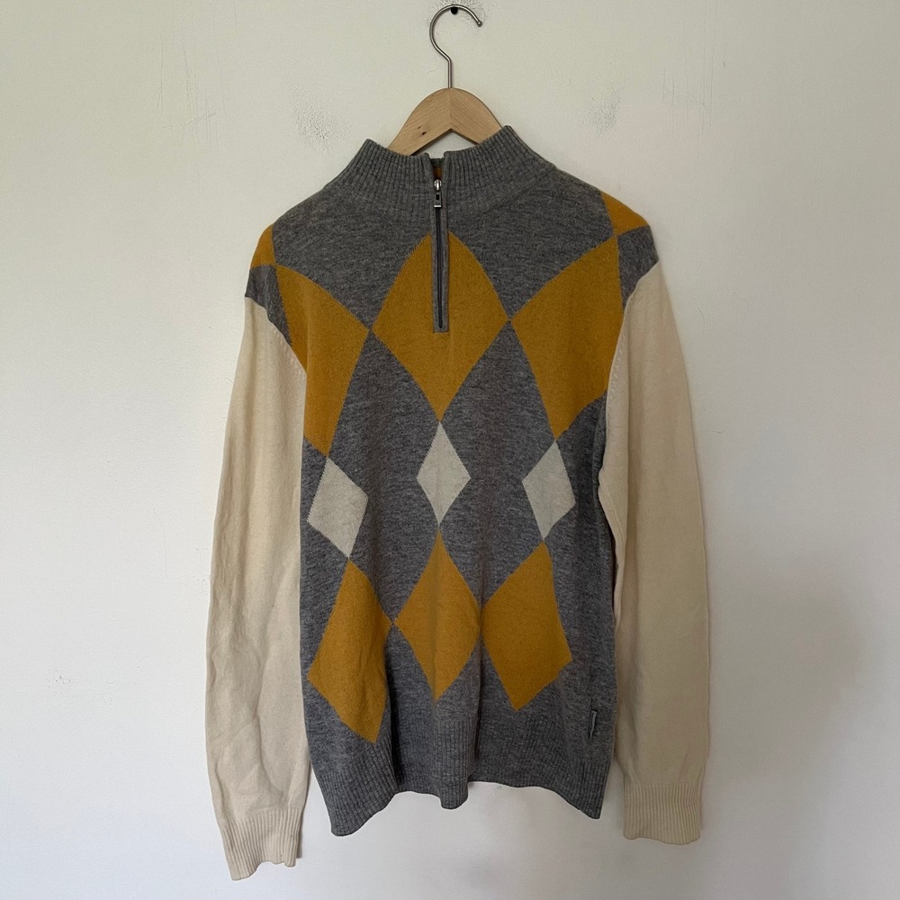 Sergio Tacchini Mens Argyle Quarter Zip Lambswool Blend Sweater Grey Yellow L